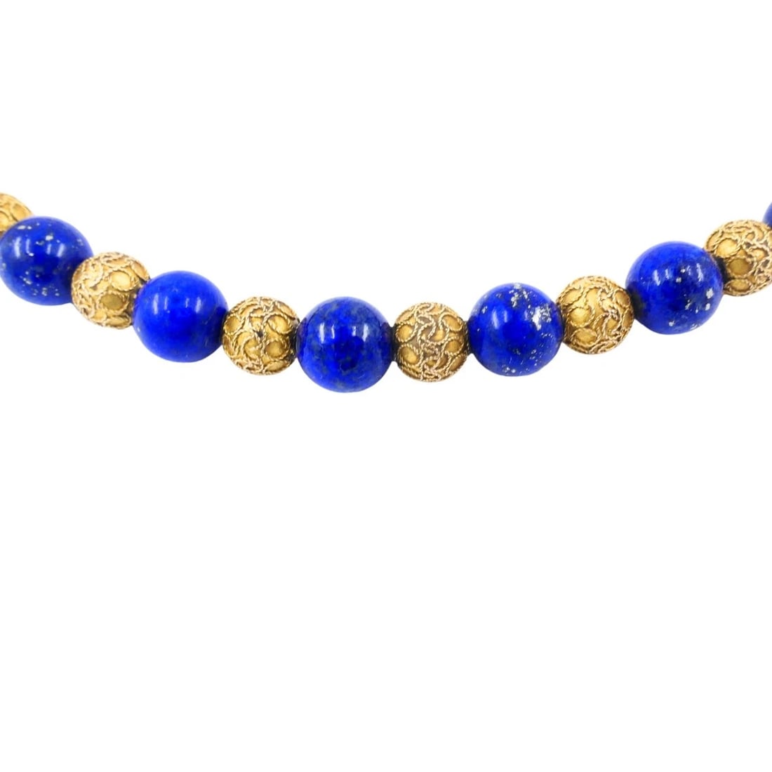 Vintage Choker Necklace 14k Textured Gold Lapis Lazuli Beads - 5