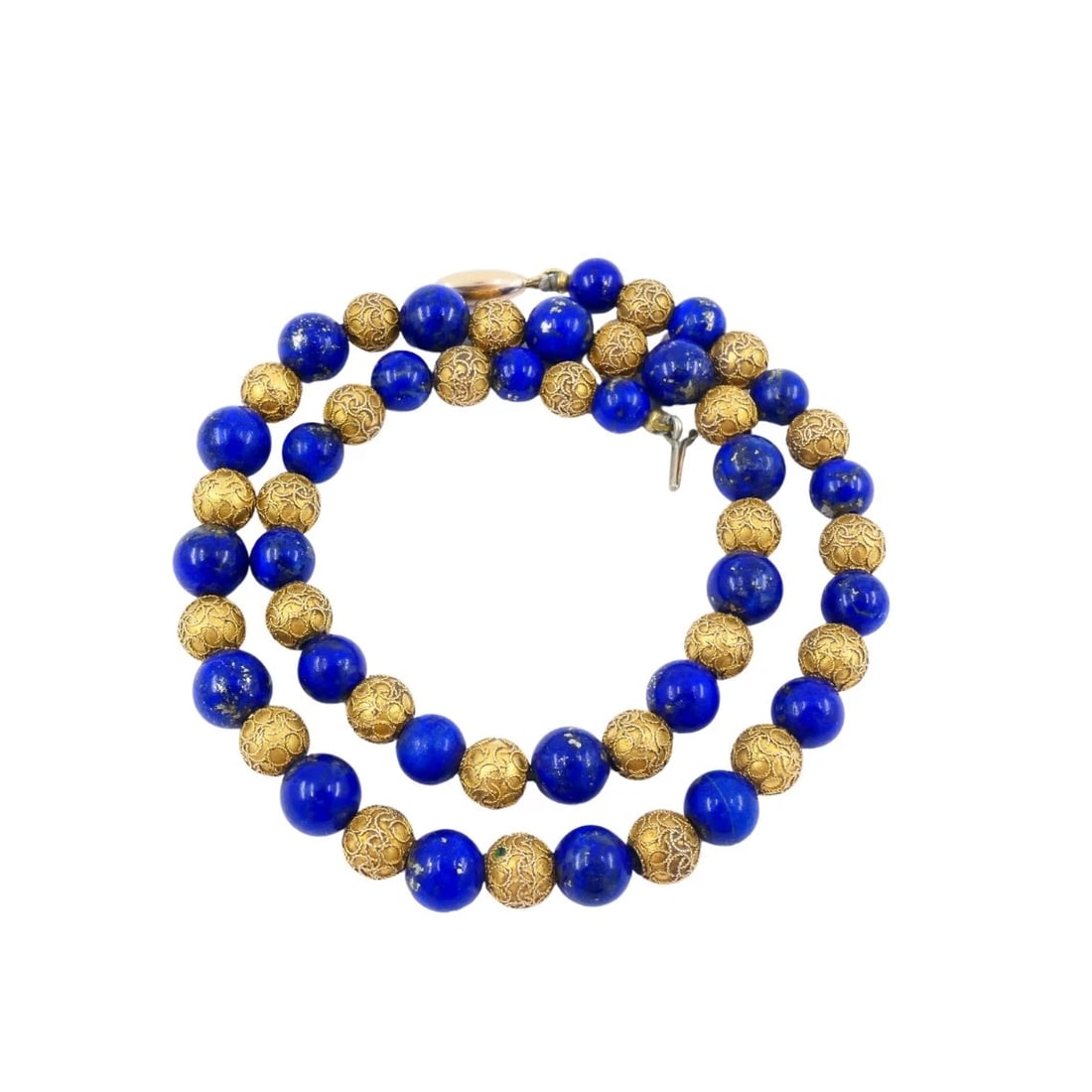 Vintage Choker Necklace 14k Textured Gold Lapis Lazuli Beads - 7