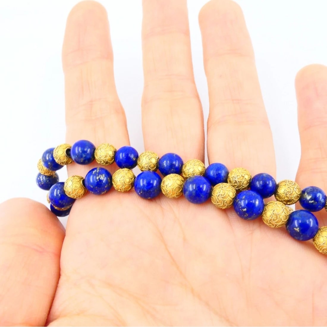 Vintage Choker Necklace 14k Textured Gold Lapis Lazuli Beads - 8