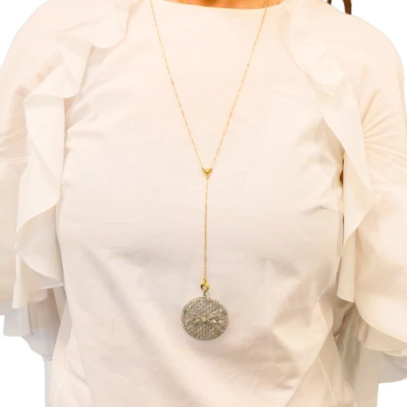 Edwardian Platinum Filigree PENDANT Necklace Diamonds 14k Gold Chain Art Deco - 3