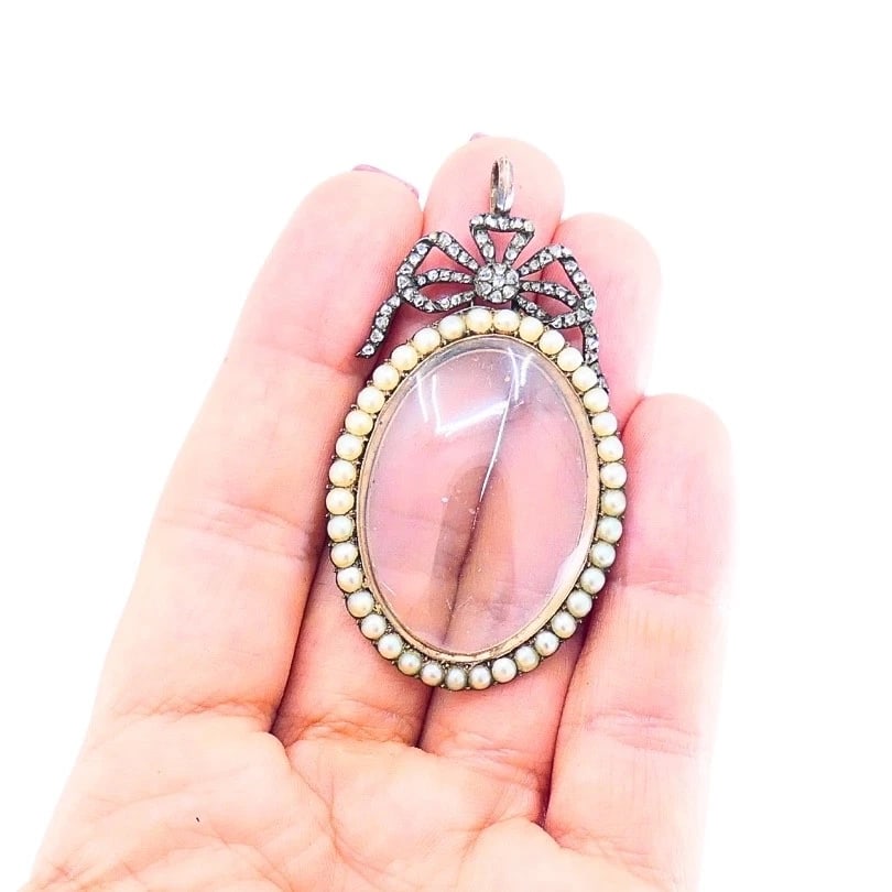 Antique 10k Gold Pearl Locket Pendant Diamond Accent Original London Box - 3