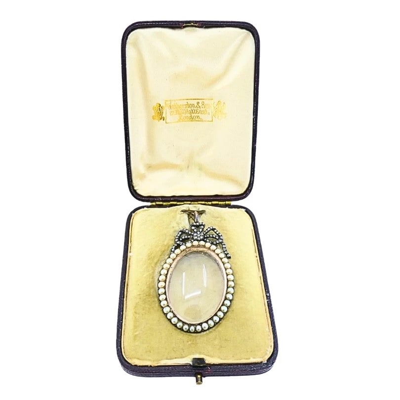 Antique 10k Gold Pearl Locket Pendant Diamond Accent Original London Box - 4