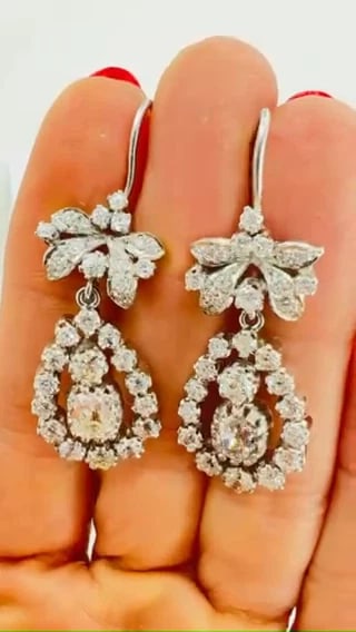 Art Deco Platinum Drop EARRINGS Old European Cushion Cut Diamonds Estate Jewelry - 2