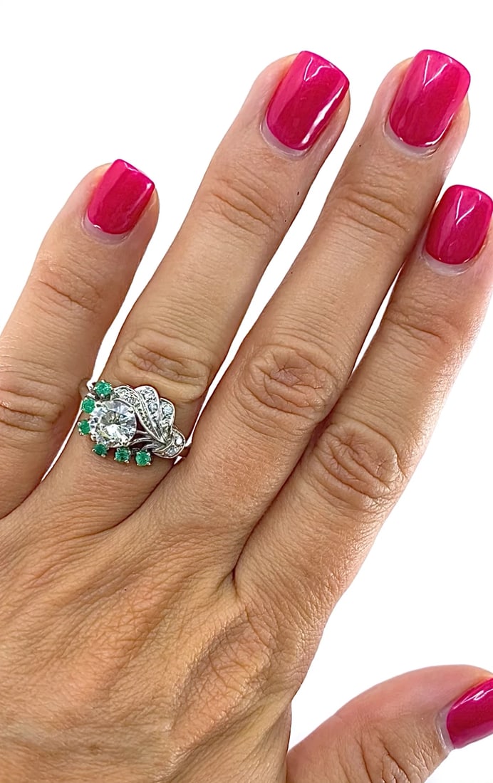 Vintage 14k White Gold Diamond Emerald Cocktail Ring - 2