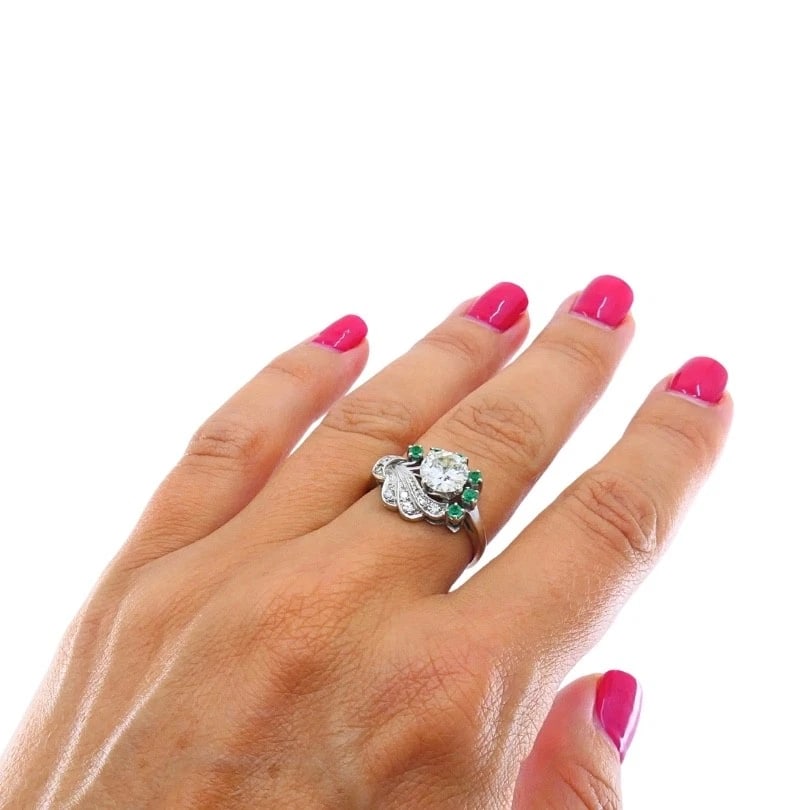 Vintage 14k White Gold Diamond Emerald Cocktail Ring - 4