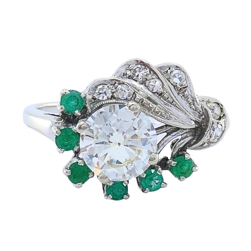 Vintage 14k White Gold Diamond Emerald Cocktail Ring - 5