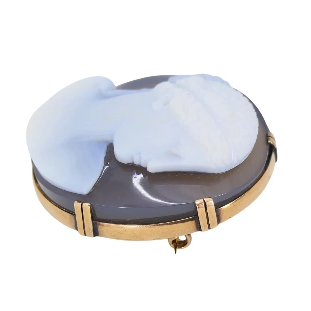 Antique 10K Gold Hardstone Agate Cameo Brooch Pin - 4