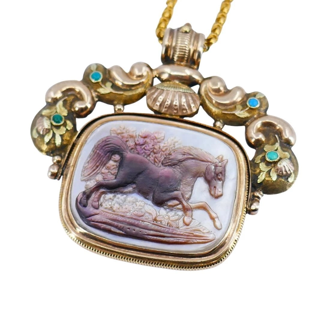 Antique Victorian Gold Mother of Pearl Equestrian Pendant Chain Necklace - 6