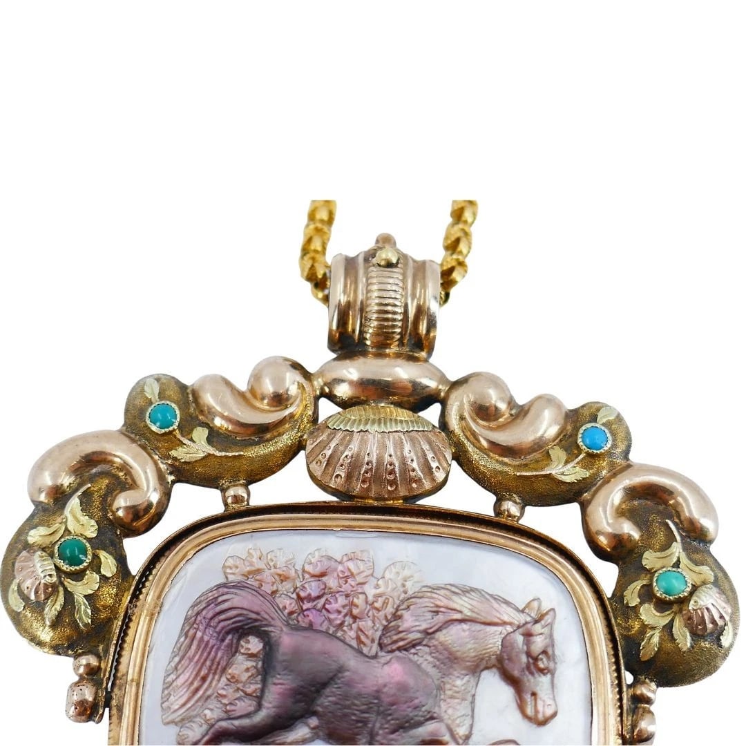 Antique Victorian Gold Mother of Pearl Equestrian Pendant Chain Necklace - 7