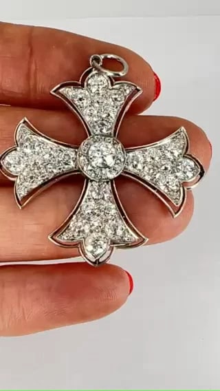 Art Deco Maltese Cross Platinum PENDANT Old European Cut Diamonds Estate Jewelry - 2