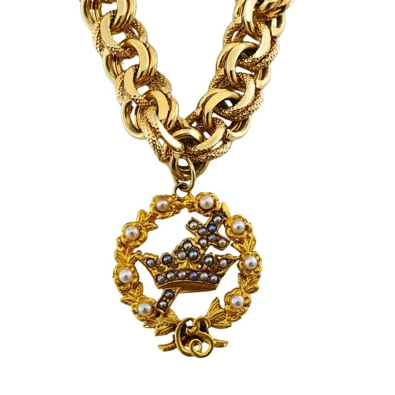 Victorian 14k Gold Link Bracelet Enamel Pearl & Engraved Charms - 11