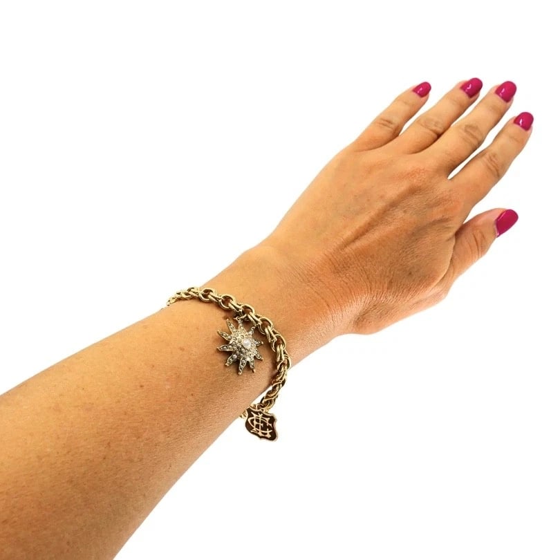 Victorian 14k Gold Link Bracelet Enamel Pearl & Engraved Charms - 3