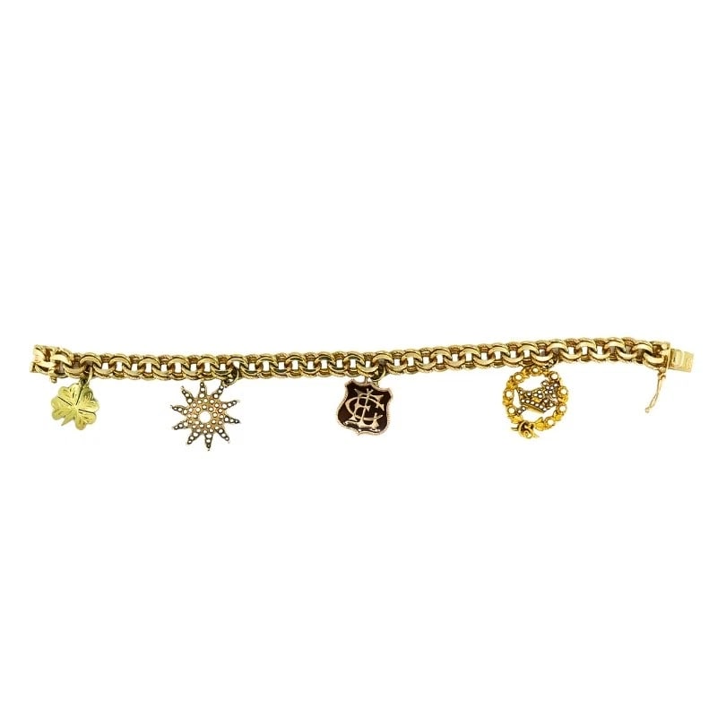 Victorian 14k Gold Link Bracelet Enamel Pearl & Engraved Charms - 5