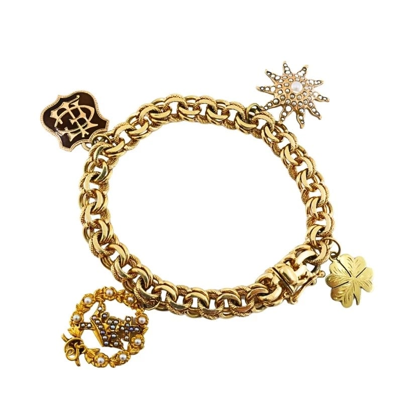 Victorian 14k Gold Link Bracelet Enamel Pearl & Engraved Charms - 7
