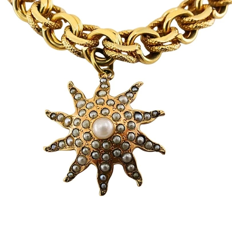 Victorian 14k Gold Link Bracelet Enamel Pearl & Engraved Charms - 9