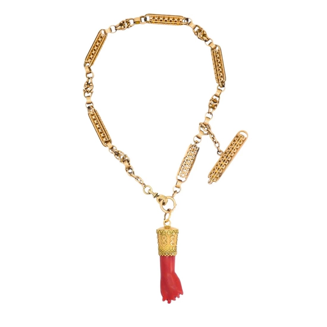 Vintage Coral Figa Pendant 14k Gold T-Bar Chain Necklace: Title: Vintage Coral Figa Pendant 14k Gold T-Bar Chain Necklace Description: Vintage Coral Figa Pendant 14k old T-Bar Chain Necklace This vintage necklace combines a 14k gold antique toggle chain with