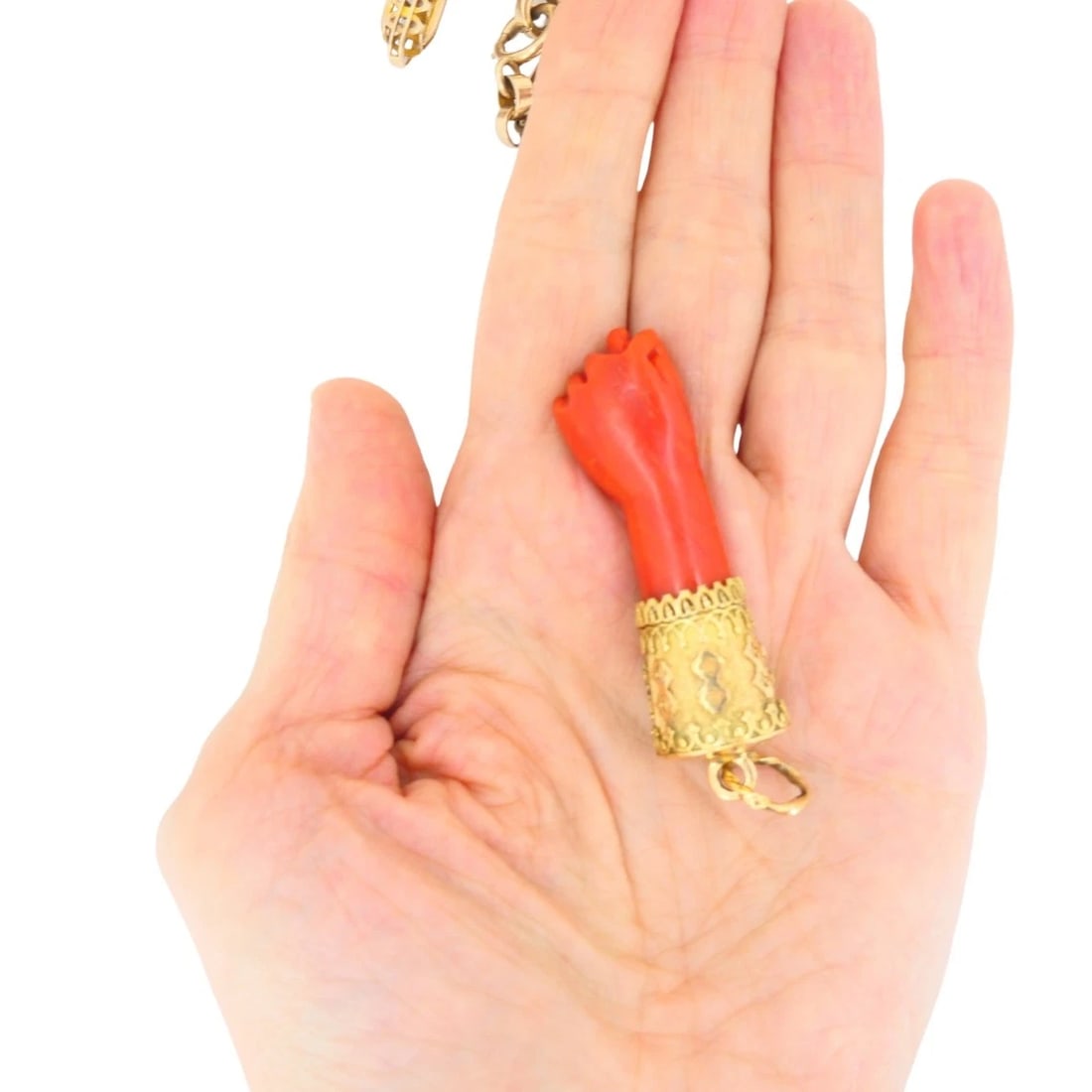 Vintage Coral Figa Pendant 14k Gold T-Bar Chain Necklace - 8