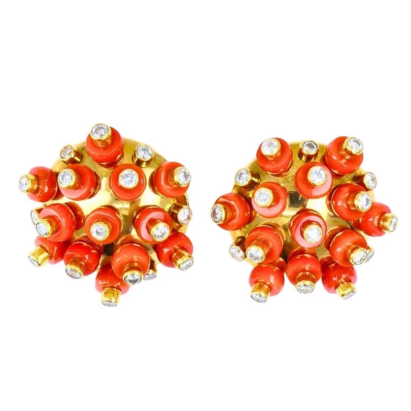 Vintage Aletto Brothers Coral EARRINGS 18k Gold Diamond Sputnik Design Estate: Title: Vintage Aletto Brothers Coral EARRINGS 18k Gold Diamond Sputnik Design Estate Description: Aletto Brothers 18 karat Yellow old Coral Diamond Earrings A striking pair of vintage coral earrings b