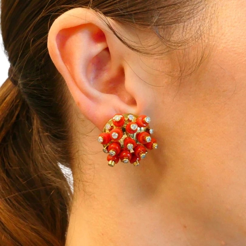 Vintage Aletto Brothers Coral EARRINGS 18k Gold Diamond Sputnik Design Estate - 3