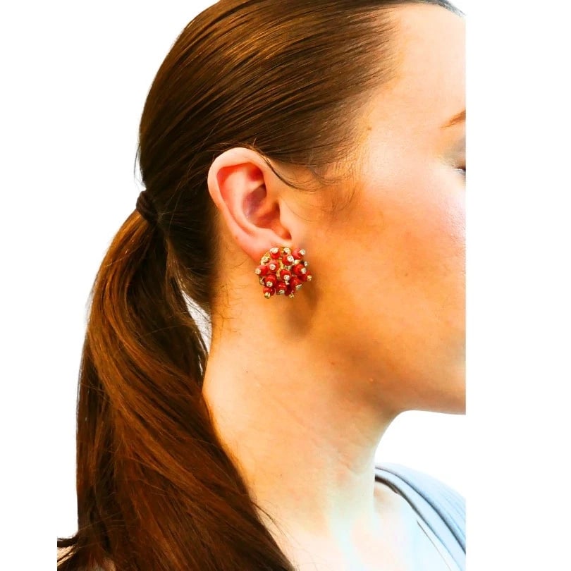 Vintage Aletto Brothers Coral EARRINGS 18k Gold Diamond Sputnik Design Estate - 4