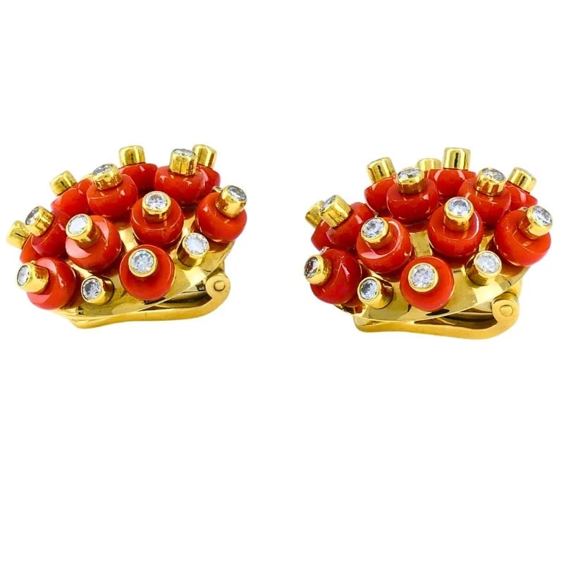 Vintage Aletto Brothers Coral EARRINGS 18k Gold Diamond Sputnik Design Estate - 5