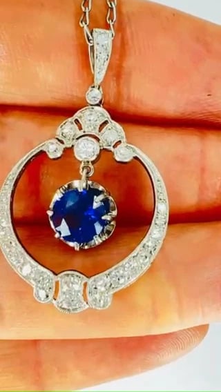 Edwardian NECKLACE Platinum Sapphire Diamond Pendant Vintage Jewelry Art Deco - 2