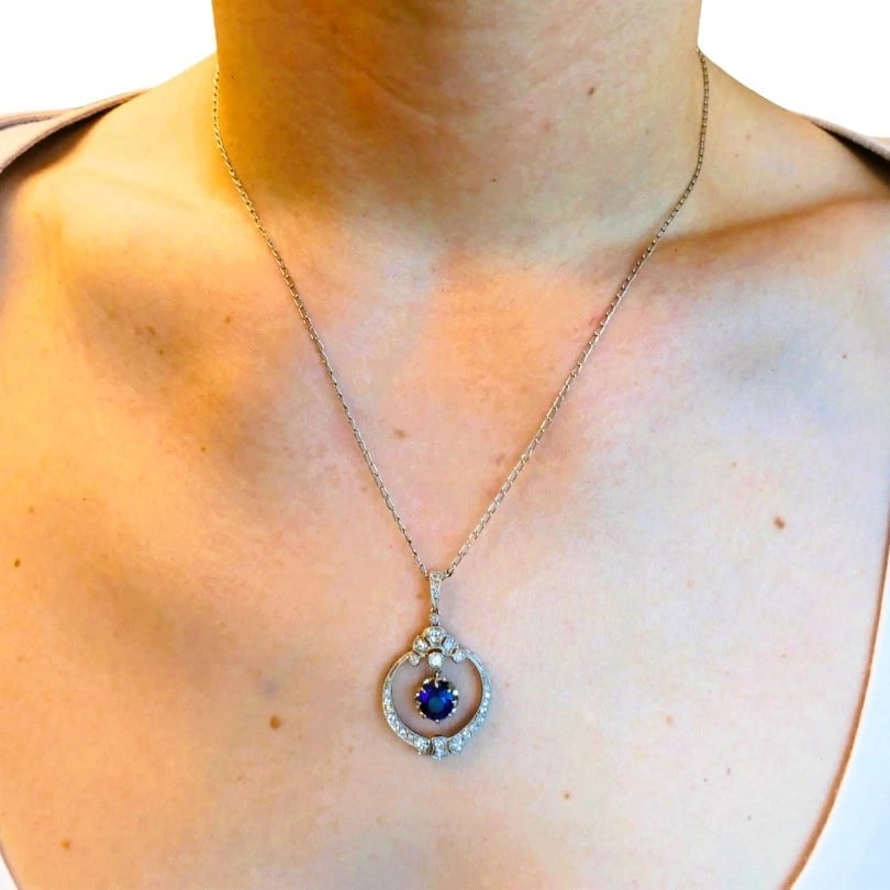 Edwardian NECKLACE Platinum Sapphire Diamond Pendant Vintage Jewelry Art Deco - 3