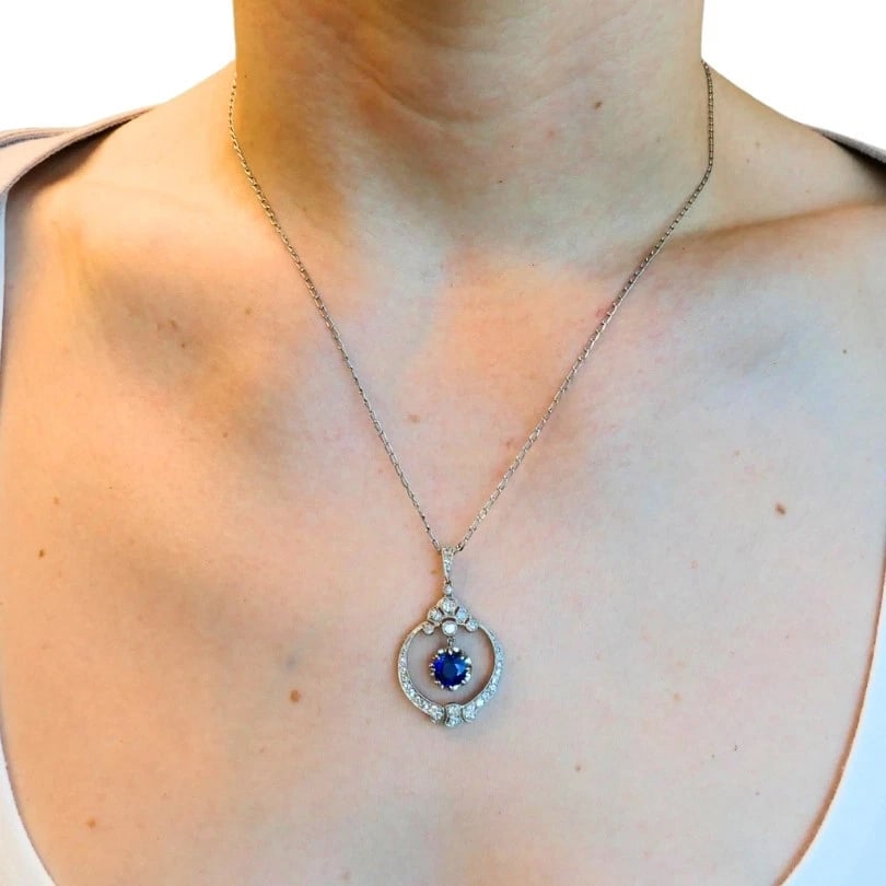 Edwardian NECKLACE Platinum Sapphire Diamond Pendant Vintage Jewelry Art Deco - 4