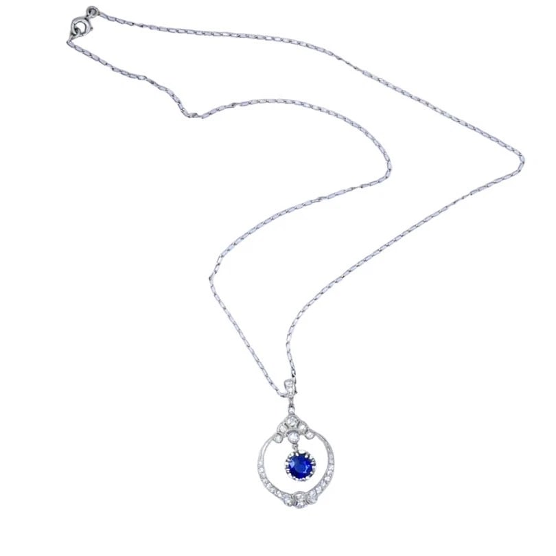 Edwardian NECKLACE Platinum Sapphire Diamond Pendant Vintage Jewelry Art Deco - 5