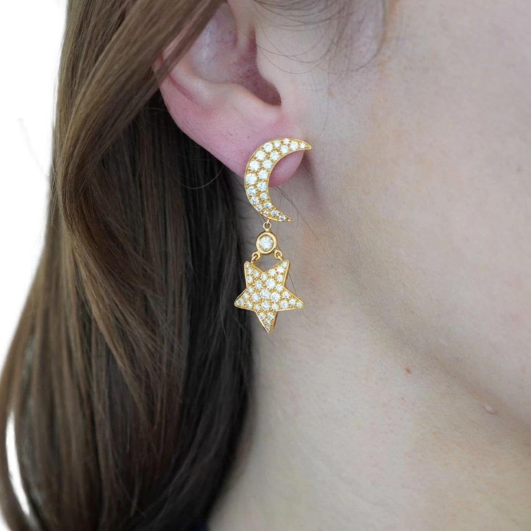 Mouawad 18k Gold Diamond Moon Star Celestial Drop Earrings - 3