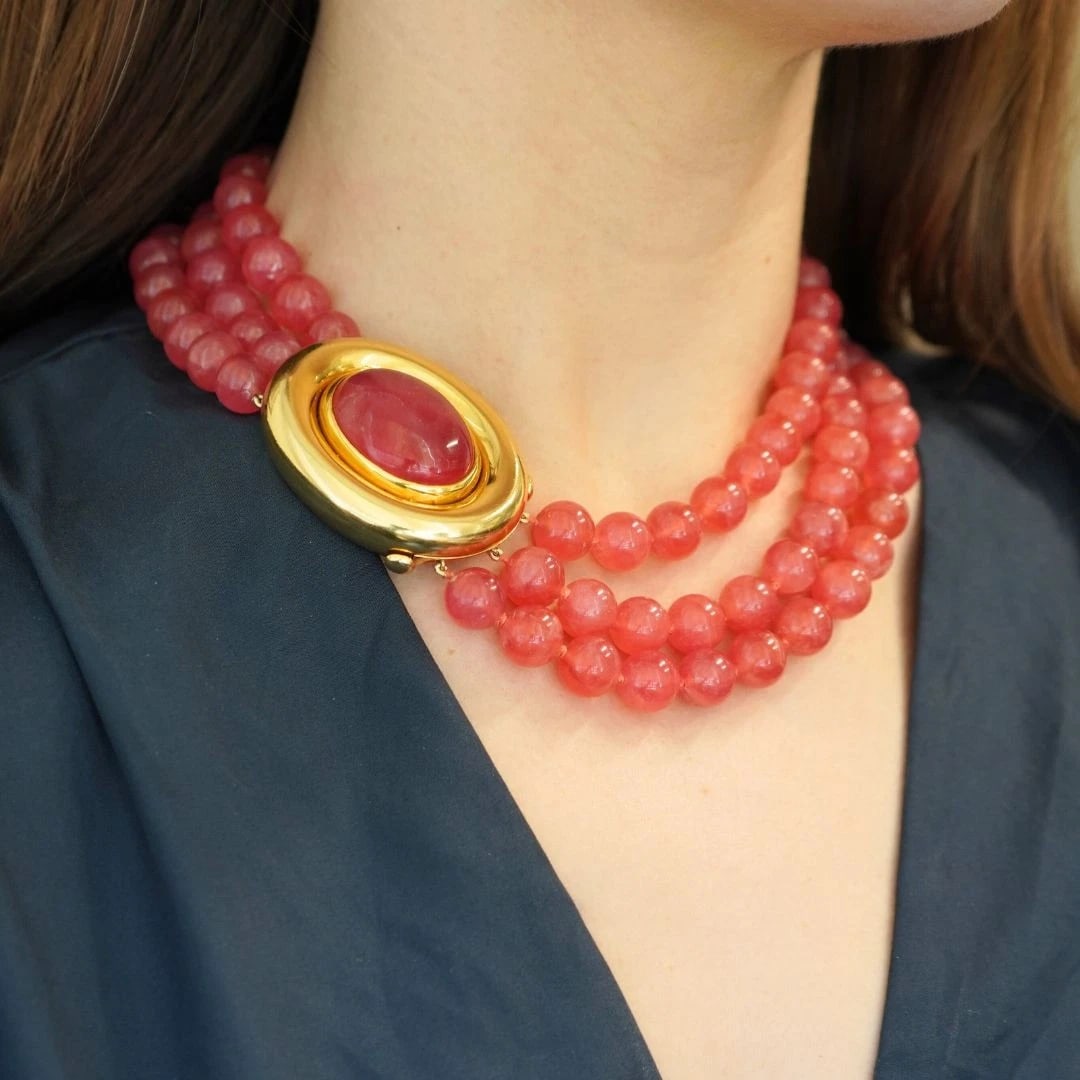 Vintage Paloma Picasso Tiffany & Co. 18k Gold Pink Rhodochrosite Beaded Necklace - 3
