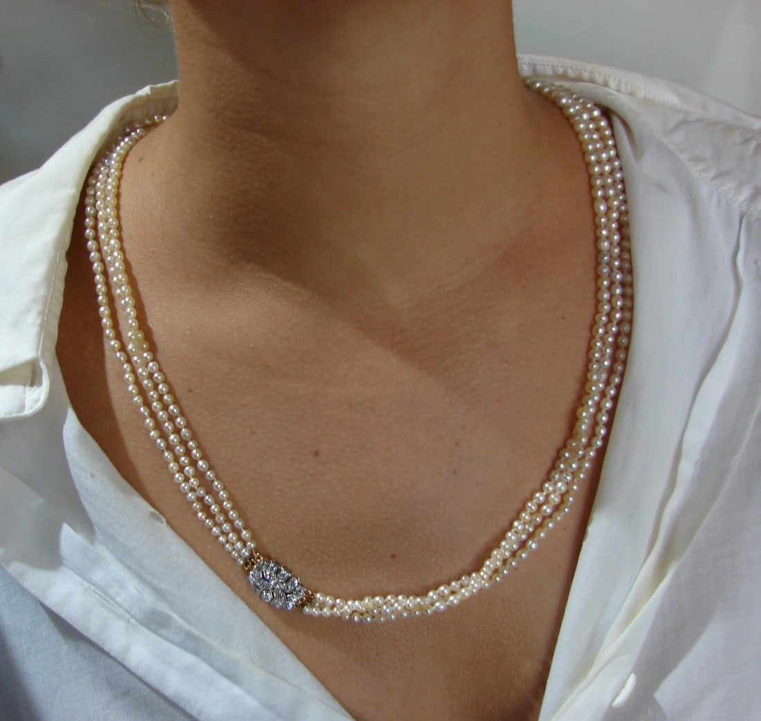 Victorian Natural Saltwater Pearl NECKLACE with Diamond Clasp Antique Jewelry - 4