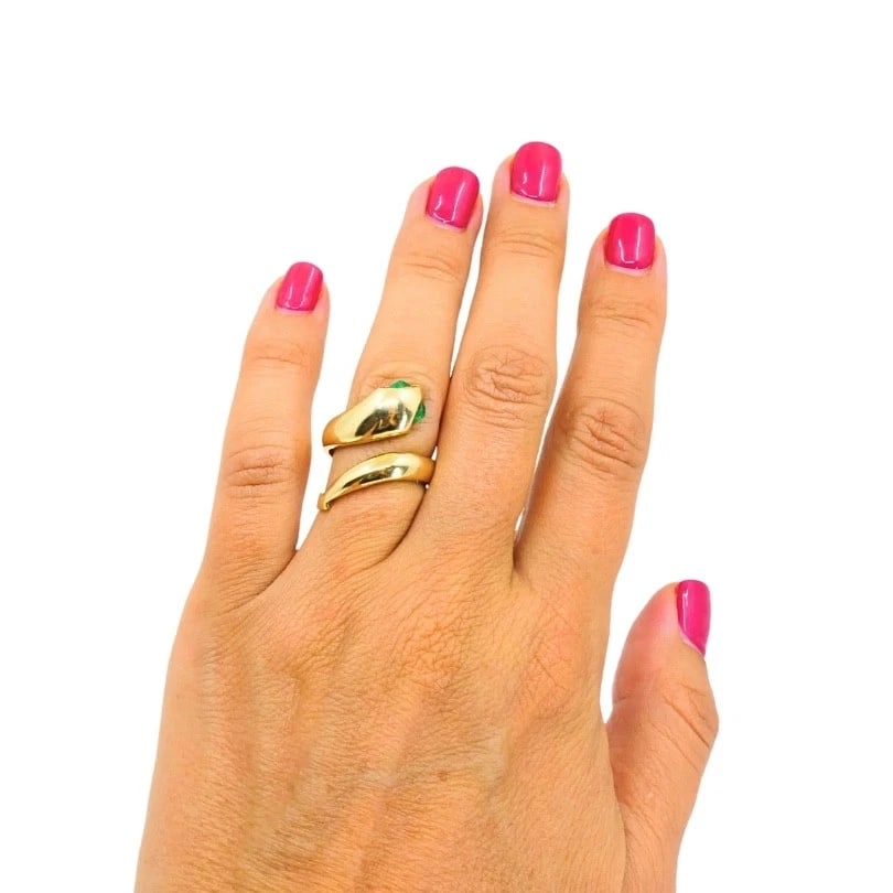 14k Gold Snake Pear-Cut Emerald Eyes Wrap Ring - 3