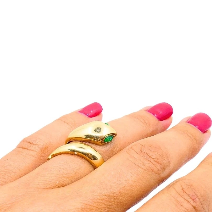 14k Gold Snake Pear-Cut Emerald Eyes Wrap Ring - 4