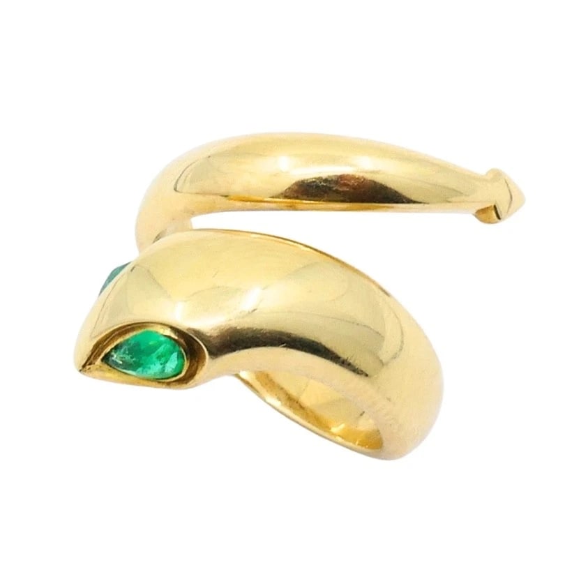 14k Gold Snake Pear-Cut Emerald Eyes Wrap Ring - 7