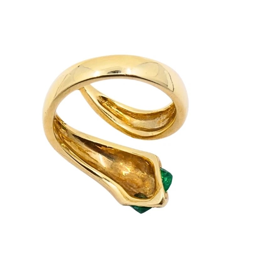 14k Gold Snake Pear-Cut Emerald Eyes Wrap Ring - 9
