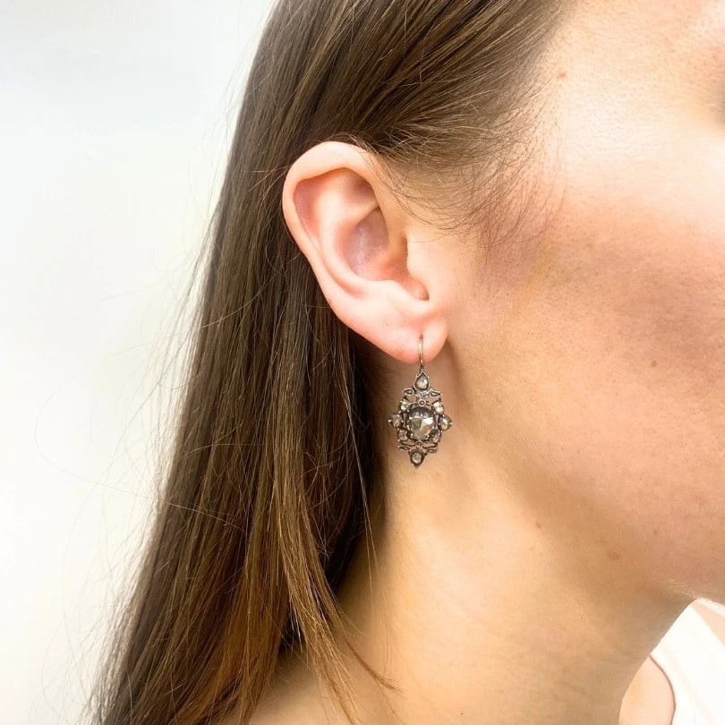 Georgian Diamond Earrings Gold Silver Floral Design - 3