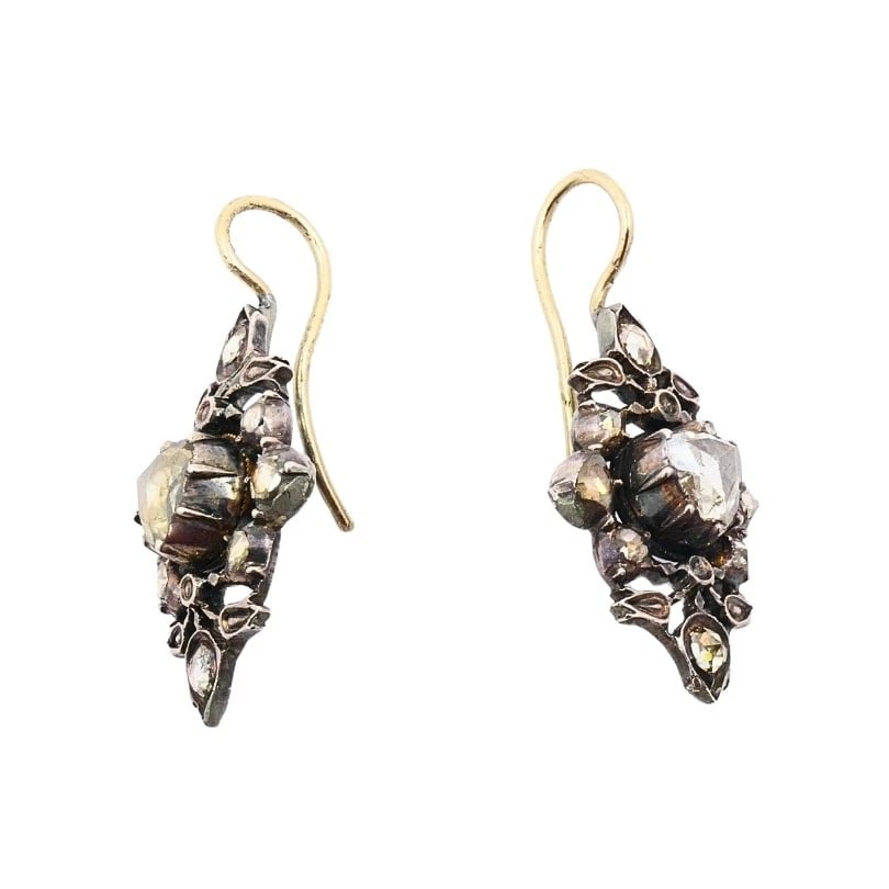 Georgian Diamond Earrings Gold Silver Floral Design - 4