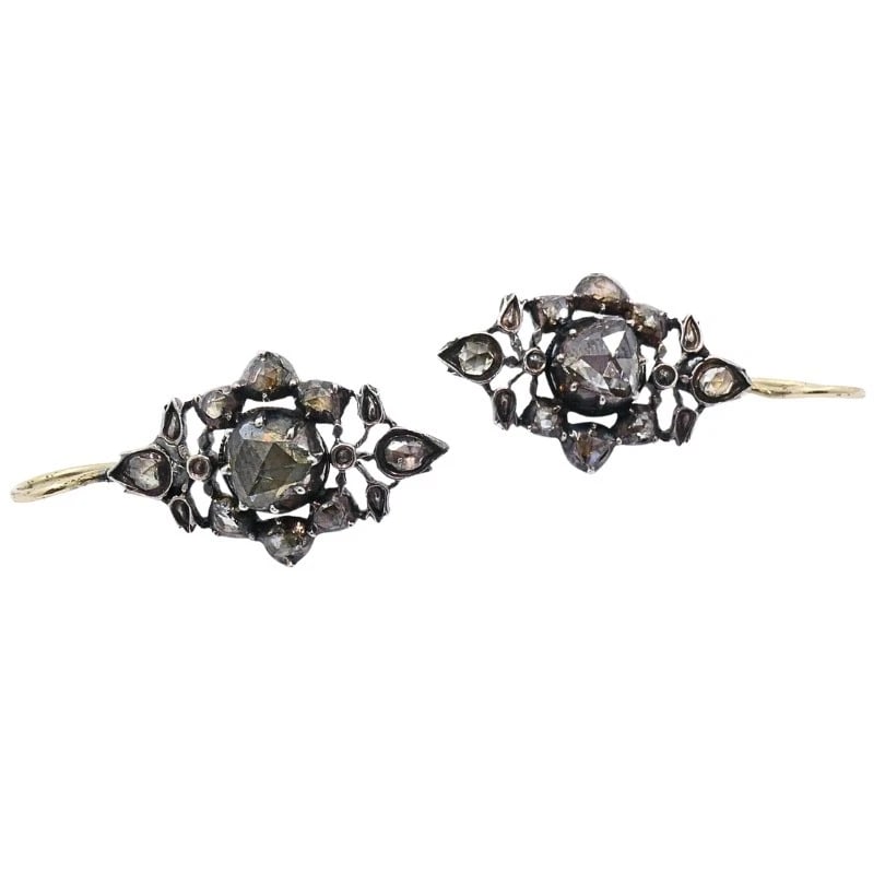 Georgian Diamond Earrings Gold Silver Floral Design - 6