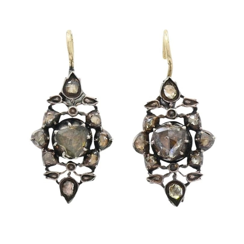 Georgian Diamond Earrings Gold Silver Floral Design - 7