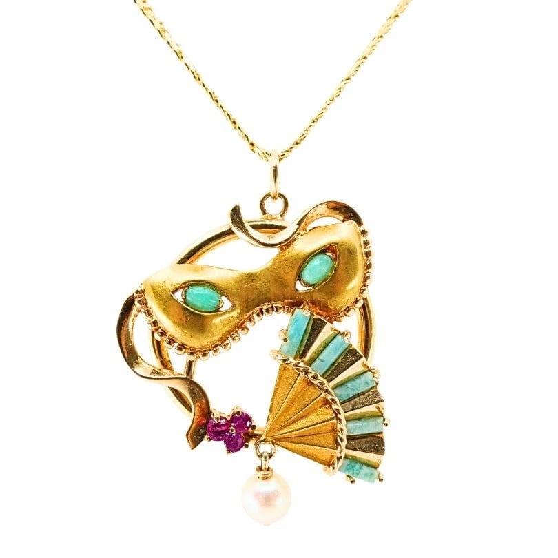 Vintage 14k Gold Masquerade Pendant 18k Gold Chain Necklace - 4