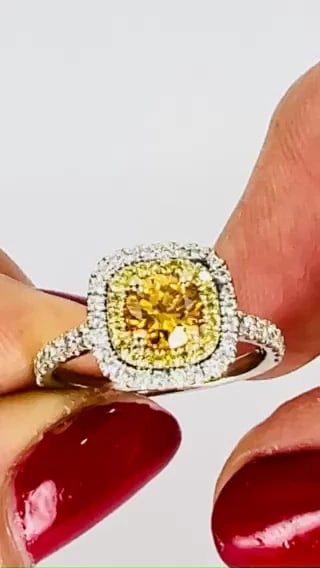 14k White Gold RING Fancy Yellow Orange Diamond GIA Double Halo Estate Jewelry - 2