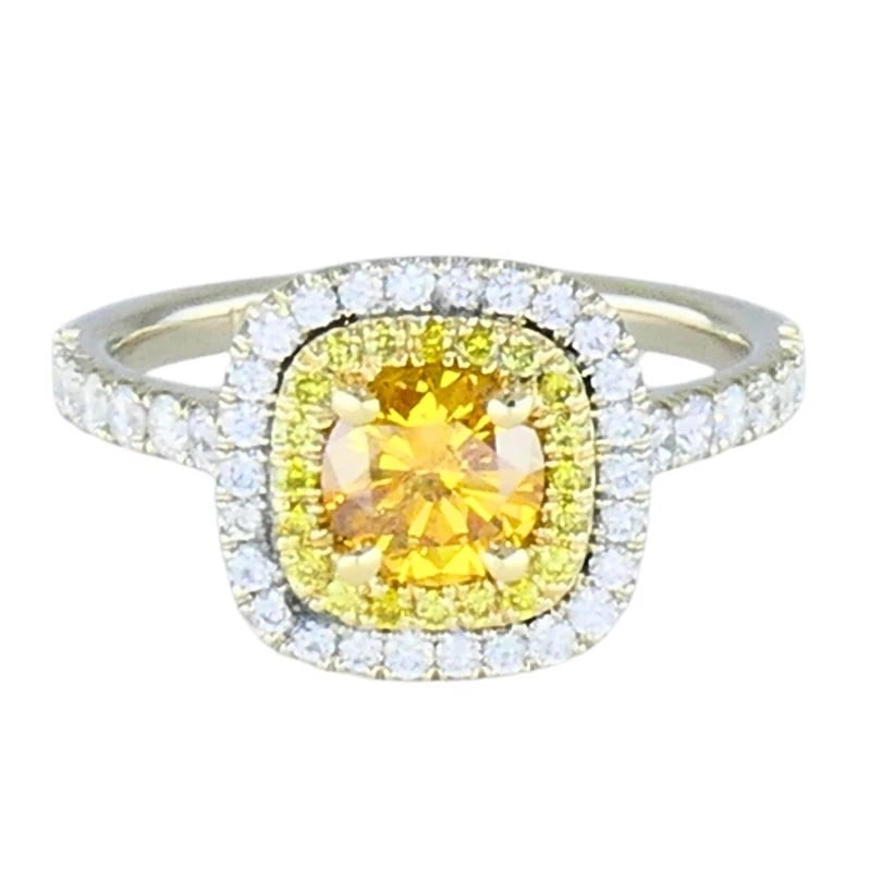 14k White Gold RING Fancy Yellow Orange Diamond GIA Double Halo Estate Jewelry - 4