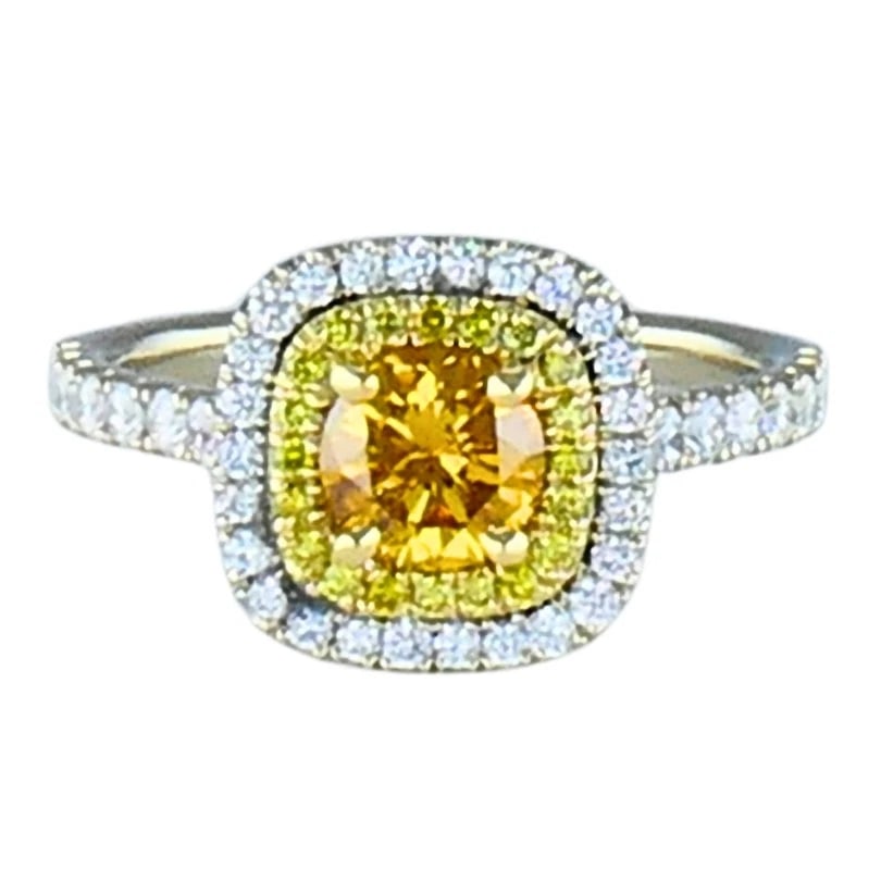 14k White Gold RING Fancy Yellow Orange Diamond GIA Double Halo Estate Jewelry - 6