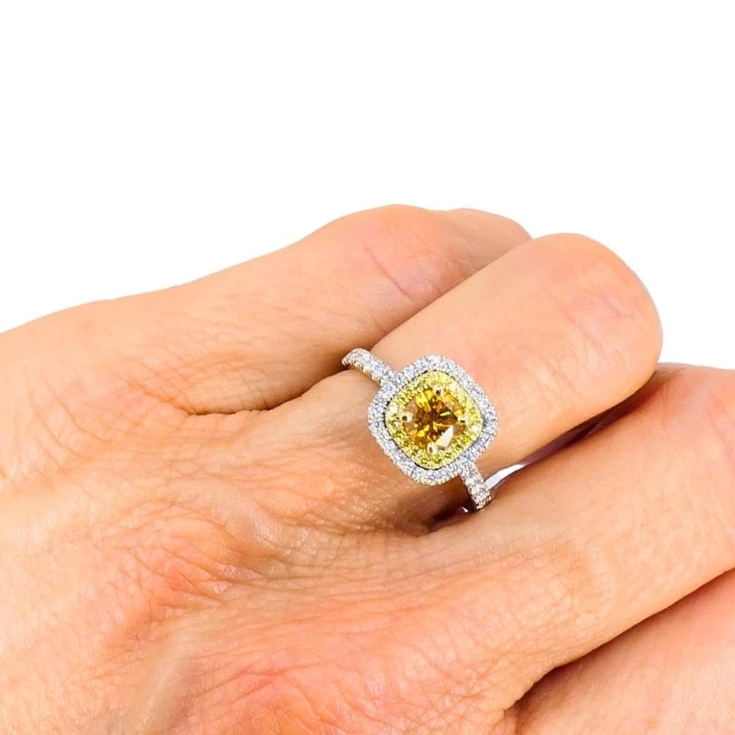 14k White Gold RING Fancy Yellow Orange Diamond GIA Double Halo Estate Jewelry - 9