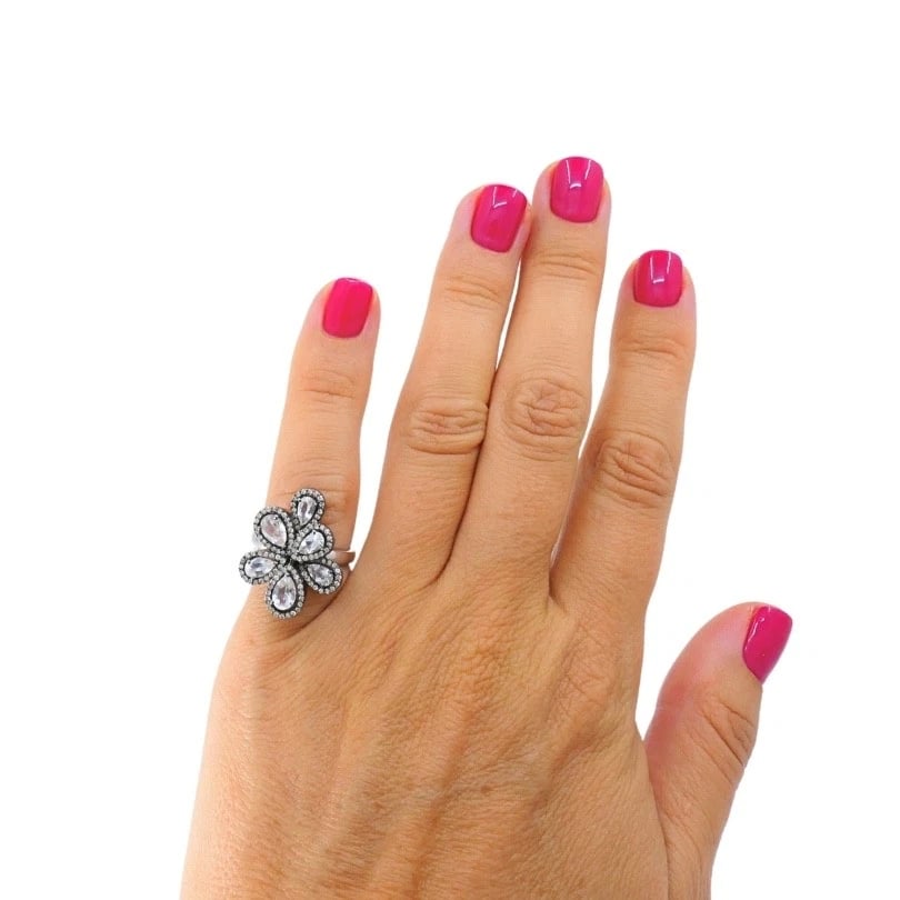 14k Gold Diamond Floral Cocktail Ring - 3