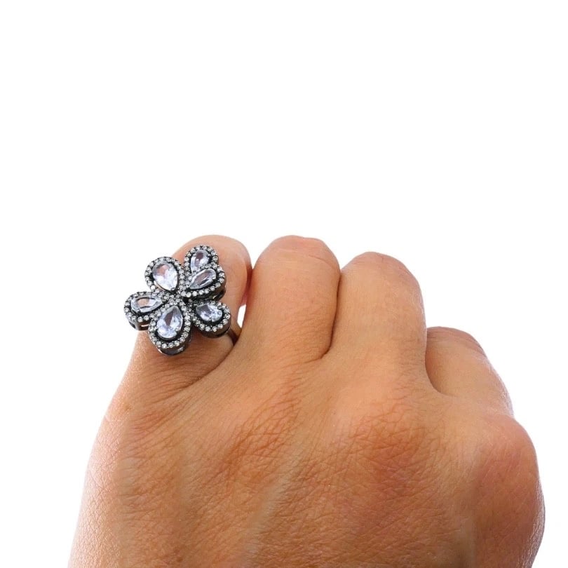 14k Gold Diamond Floral Cocktail Ring - 4