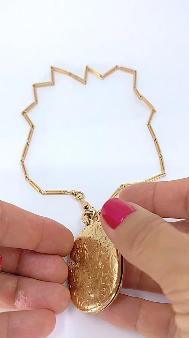 14k Gold Engraved Locket Pendant Gold Antique Watch Chain - 2