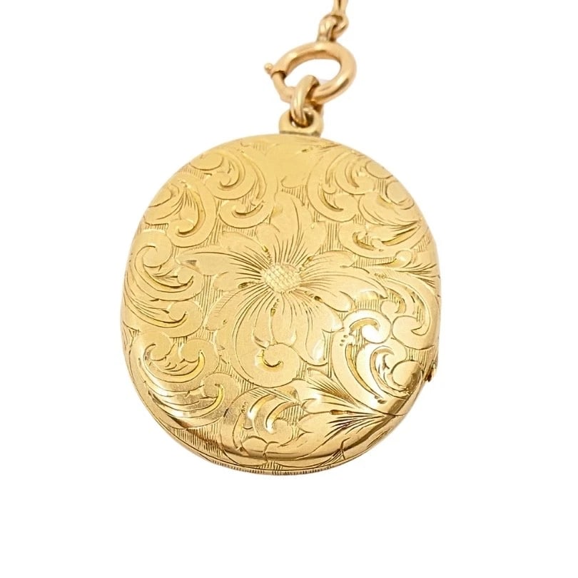 14k Gold Engraved Locket Pendant Gold Antique Watch Chain - 5
