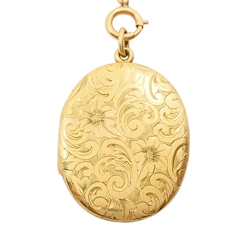 14k Gold Engraved Locket Pendant Gold Antique Watch Chain - 6